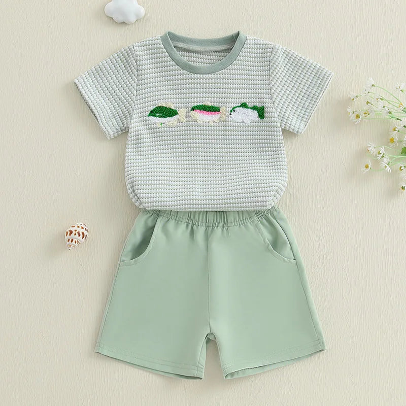 Infant Boy Outfit Set with Cute Animal Embroidery Short Sleeve Tee and Stylish Plaid Shorts for Summer 2 Piece Set