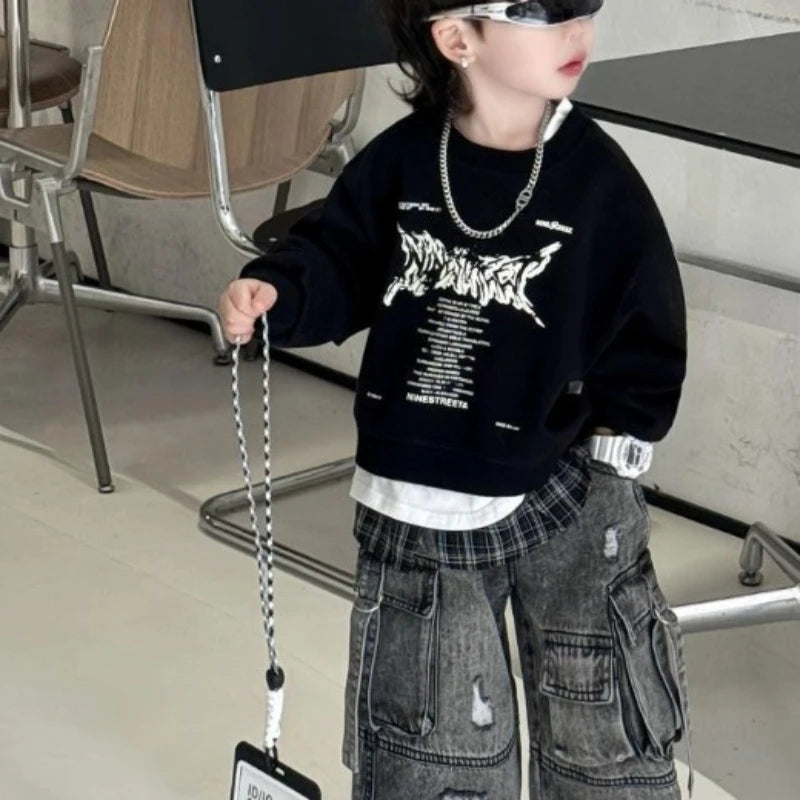 Boys' 2025 Spring New Fake Two-Piece Color-Blocked Korean Style Dashing Stylish T-Shirt