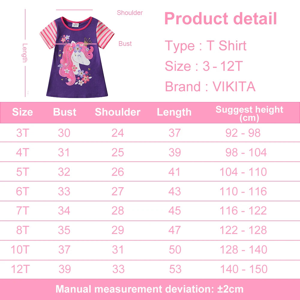 VIKITA Girls O Neck Short Sleeve Summer T Shirts Kids Unicorn Print Cartoon Tops and Tees Girls Cotton Casual Daily Clothes