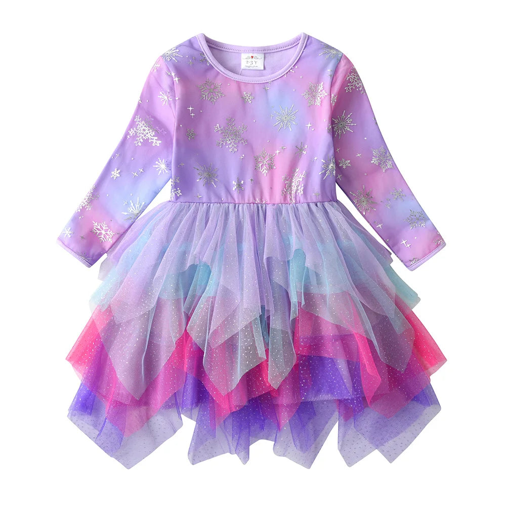VIKITA Winter Princess Dress 2024 Long Sleeve Kids Birthday Party Prom Dress For Girls Irregular Layer Mesh Children Tutu Dress