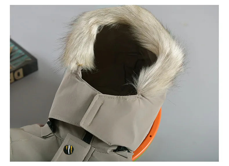 New Winter Boys Jacket Long Style Letter Print Thick Warm Hooded Coat Fur Collar Down Cotton Outerwear For 4-10 Years Kids