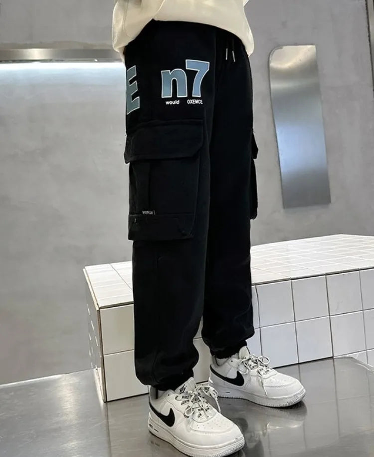Boys Cargo Pants Spring Autumn Fleece-Lined Kids Casual Loose Long Pants Stylish Warmth Outdoor Playwear