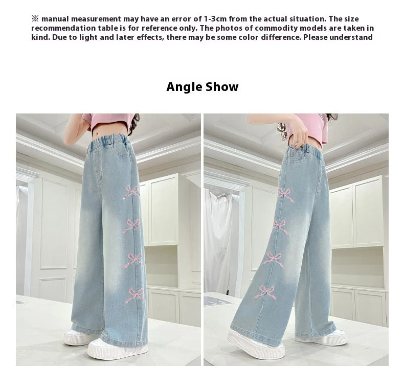 Girls' side pink bow embroidered wide-leg pants 2025 summer thin style slim straight pants suitable for outdoor 5-15 years old
