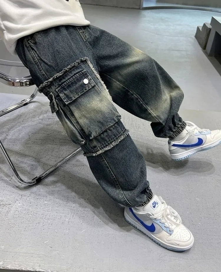 2025 Boys' Cargo Pants All-Season Washed Tie-Dye Denim Long Pants Trendy Casual Style