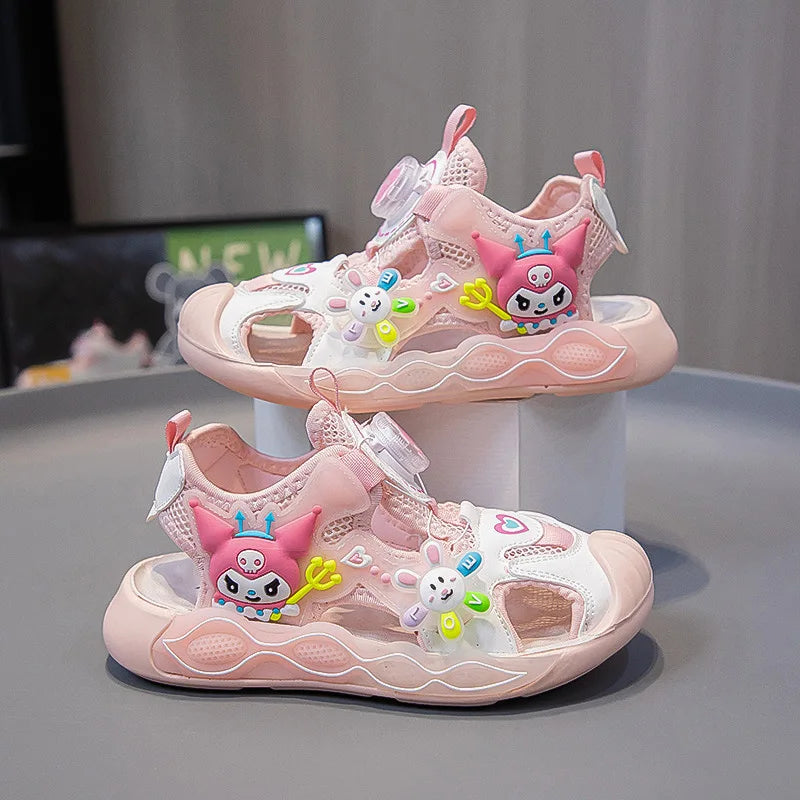 Sandals Girls Cartoon PU Leather Summer Fashion Outdoor Flat Bottom Breathable Anti-slip Pink Purple Size 26-37