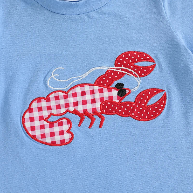 Children s Boys Summer Clothing Set with Cute Lobster Embroidered Short-Sleeve T-Shirt and Elastic Waist Shorts 2-Piece Outfit