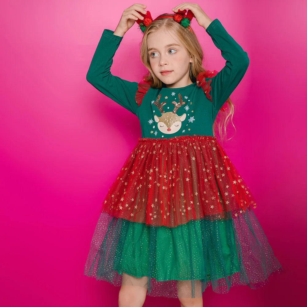 VIKITA Girls Christmas New Year Dresses Kids Elk Snowflakes Print Long Sleeve Autumn Winter Princess Cute Fashion Dress 3-12 Yrs