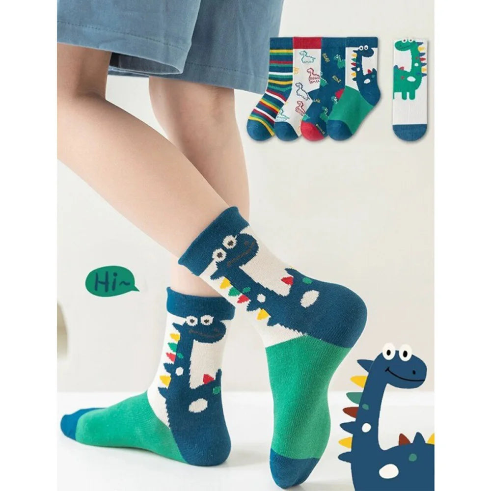 ‌Boys Girls Cartoon Dinosaur Mid-Crew Socks Soft Breathable Sport Striped Cotton Socks for Children Athletic Casual Outfit