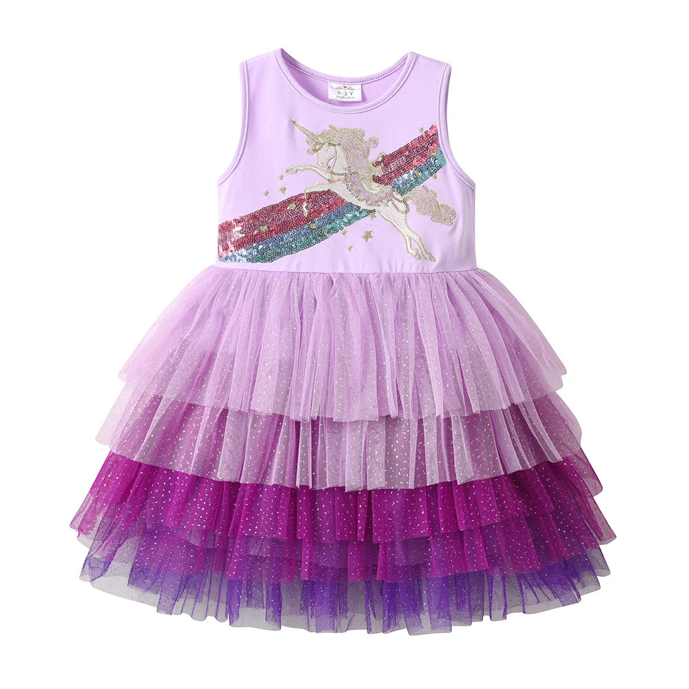 VIKITA Kids Sleeveless Dress Sequin Unicorn Rainbow Party Dress Layer Girls Tutu Dress Children Summer Casual Wear Kids Vestidos