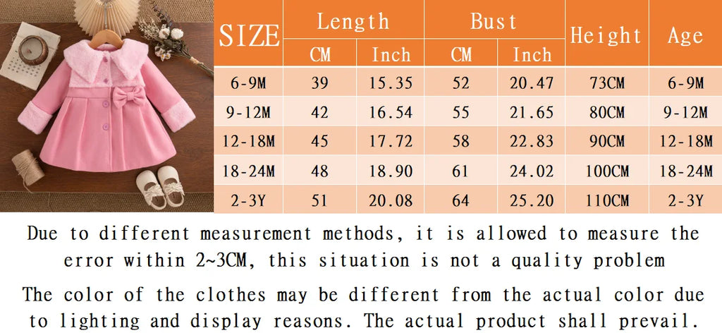 Winter New Pink Bow Baby Girl Coat, Sweet And Cute Children'S Clothing Suitable For Babies Aged 6 Months To 3 Years Old