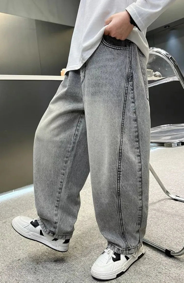 Light Grey Boys' Denim Pants Spring Autumn Casual Relaxed Fit Medium To Large Kids Jeans