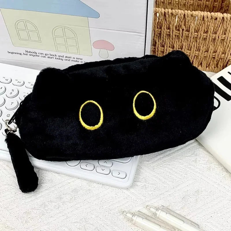 Pen Bag Large Capacity Cute Black Cat Plush Cartoon Stationery Pencil Case Cute Storage Bag Supplies Student Back To School Gift