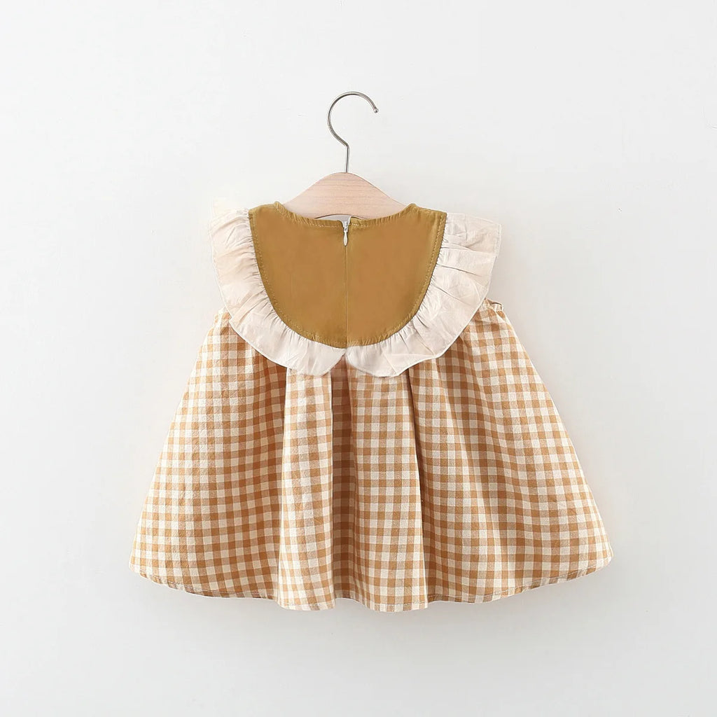 (9 Months -3 Years Old) Summer New Brown Checkered Baby Girl Dress, Simple Korean Style Children'S Clothing