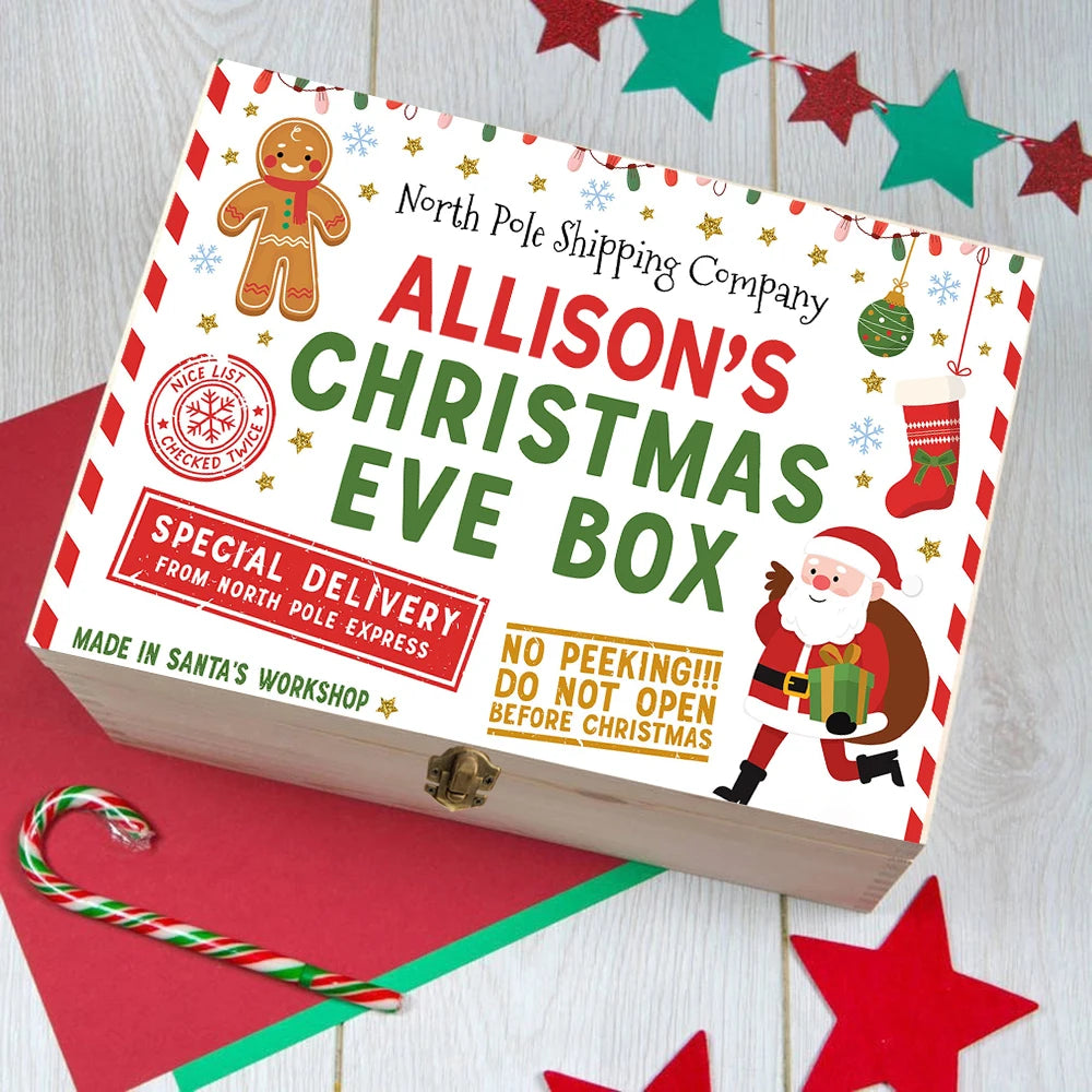 Personalized Christmas Eve Box Custom Xmas Gift Wood Box Boys Girls Cute Christmas Present Box Kids Santa Holiday Gifts Box