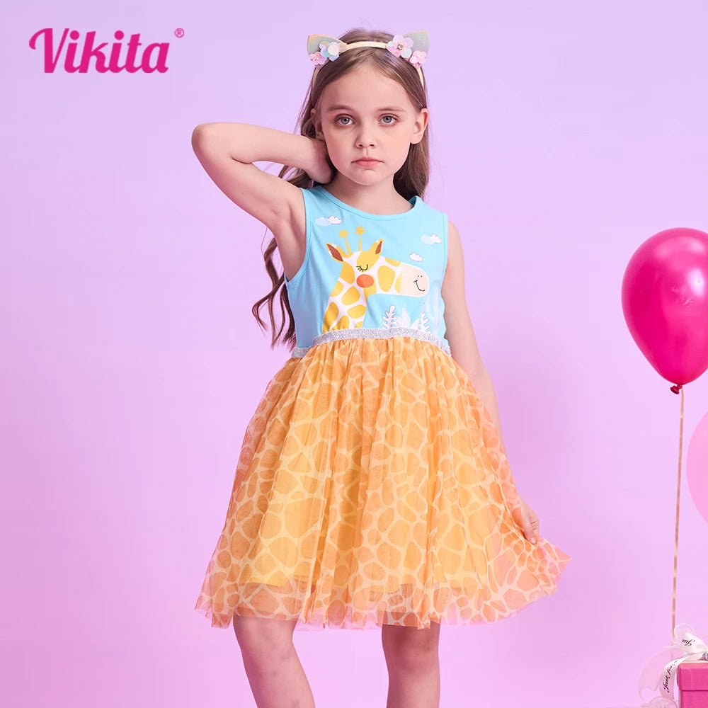 VIKITA Girls Sleeveless Summer Patchwork Dress Kids Giraffe Cartoon Print Infantil Vestidos Kids Mesh Tulle Party Casual Dresses