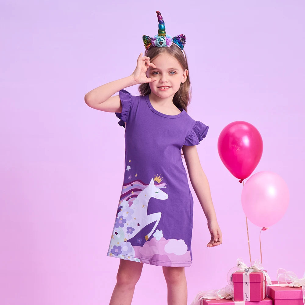 DXTON Cotton Children Dresses For Girls Floral Printed Princess Kids Dresses Unicorn Cartoon Toddlers Casual Summer Clothing