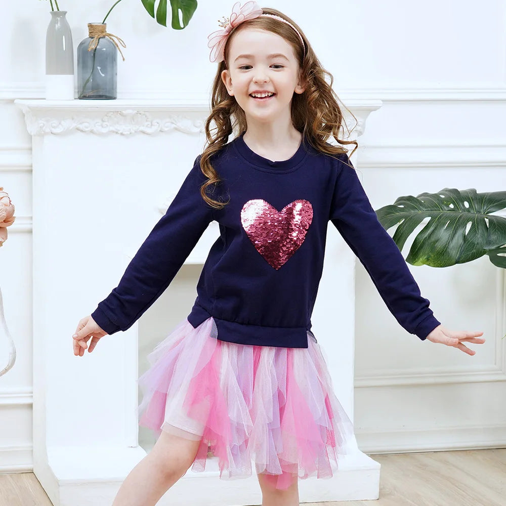 VIKITA Girls Heart Sequined Dress Kids Sweatshirt Dresses Children Long Sleeve Autumn Winter Birthday Party Princess Costumes