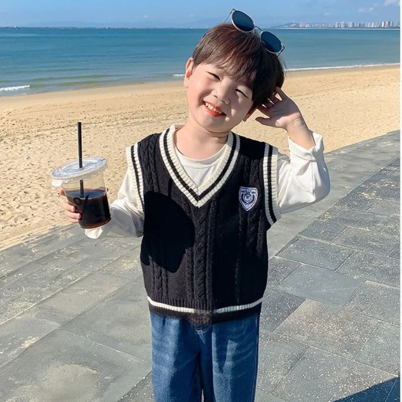 Boys' Knit Vest 2025 Spring Autumn New Preppy Style Kids' Outerwear Trendy Baby Boy Vest for School Casual Wear