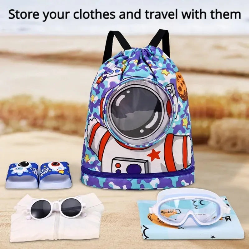 Kids Swim Beach Bag Drawstring Backpack with Shoe Compartment Cartoon Pool Bag for for Wet Swimming Sport Travel Boys Girls