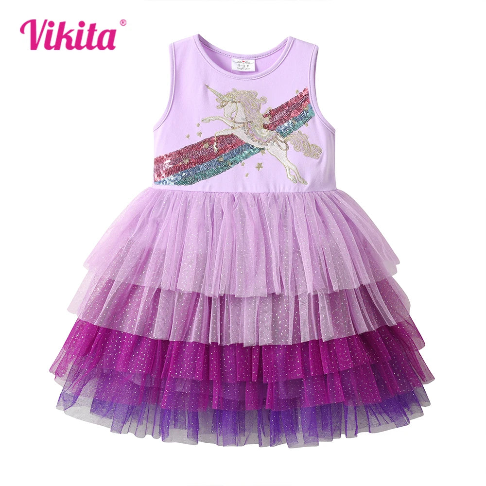 VIKITA Girls Sleeveless Summer Dress Kids Licorne Sequined Appliqued Purple Dresses Girls Party Mesh Tulle Tutu Princes Dress