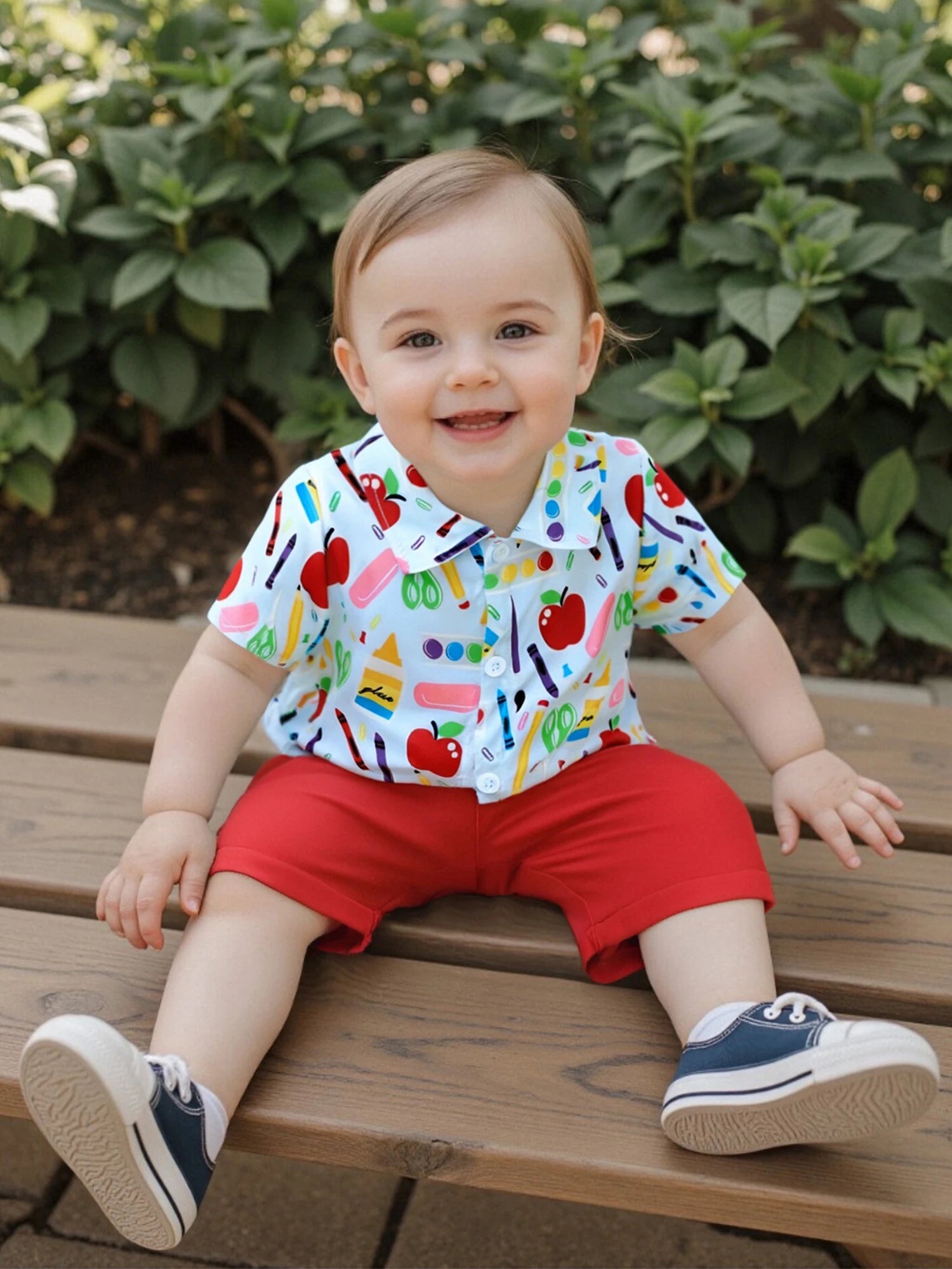 Cute Toddler Boy Back to School Outfit Apple Print Short Sleeve Collared Shirt with Solid Color Elastic Waist Shorts - 2 Piece