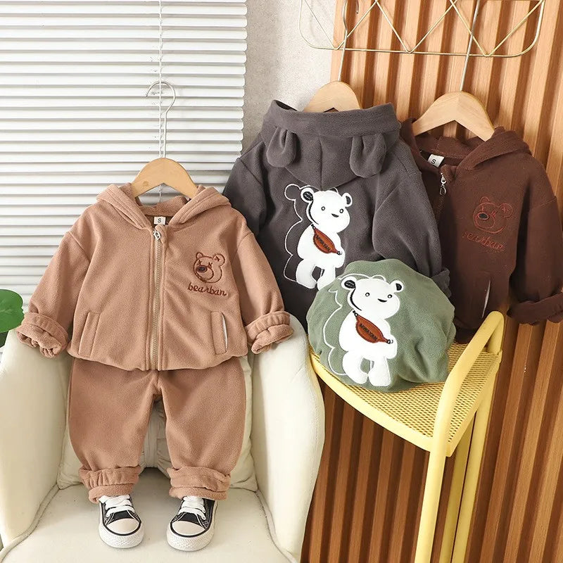 Autumn Winter Baby Boys Warm Clothes Set Thick Fleece Cartoon Bear Zipper Hooded Jacket Pants 2Pc For 1-5 Years Girls Sport Suit