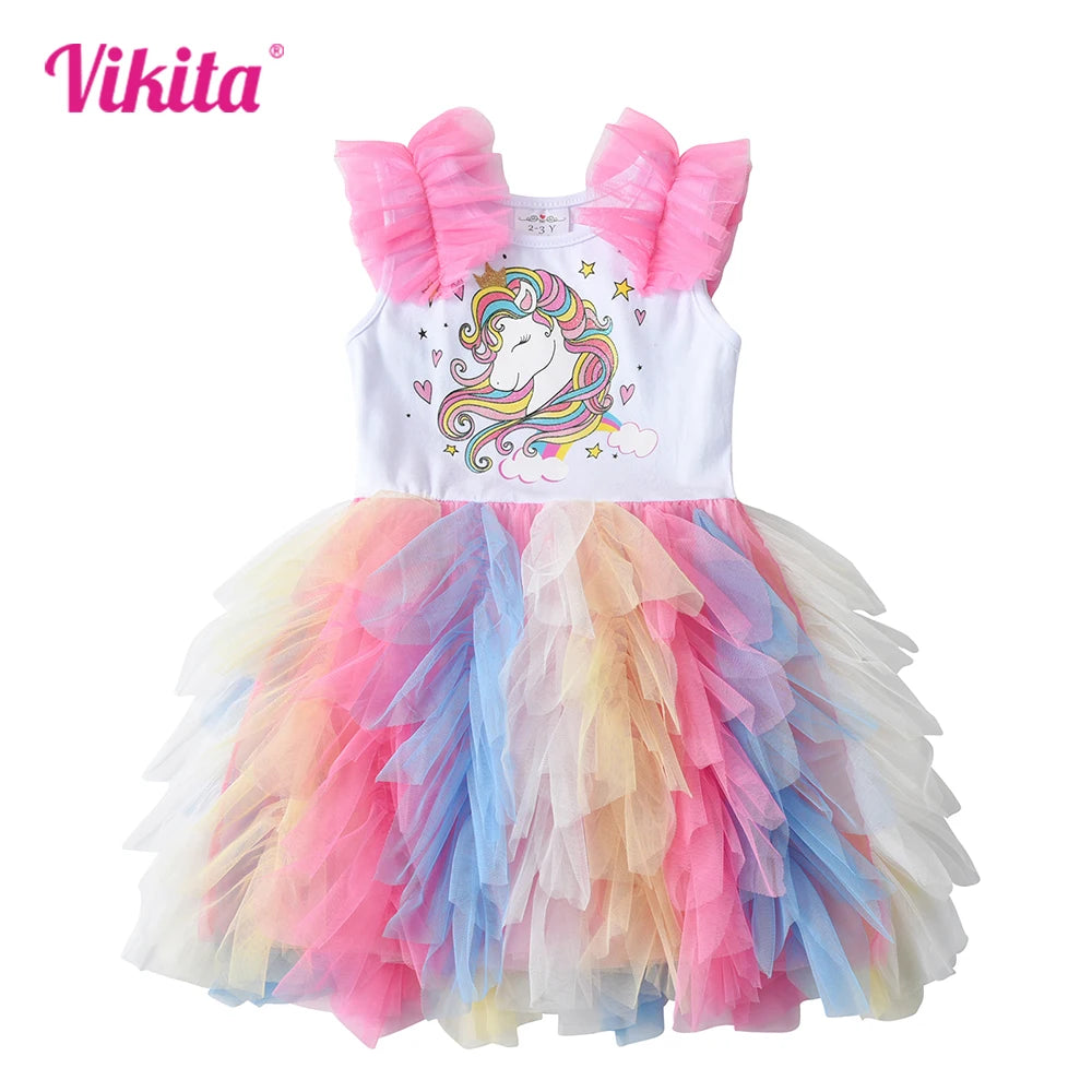 VIKITA Girls Unicorn Cartoon Print Dresses Kids Sleeveless Summer Dress Girls Colorful Mesh Tulle Layered Tutu Princess Dresses