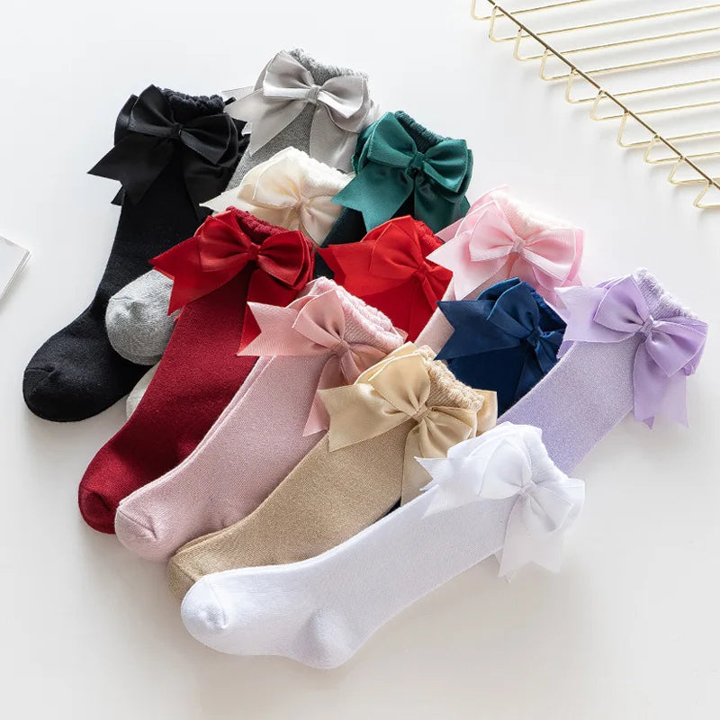 1 Pair Spanish Style Girls Socks Solid Color Big Bow 100% Cotton Baby Children Toddlers Long Socks Princess Knee High Socks