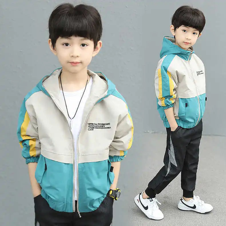 New Handsome Teenager Boys Hoodies Fashion Splicing Style Coat For Kids 3-12 Years Children Windbreaker Jacket