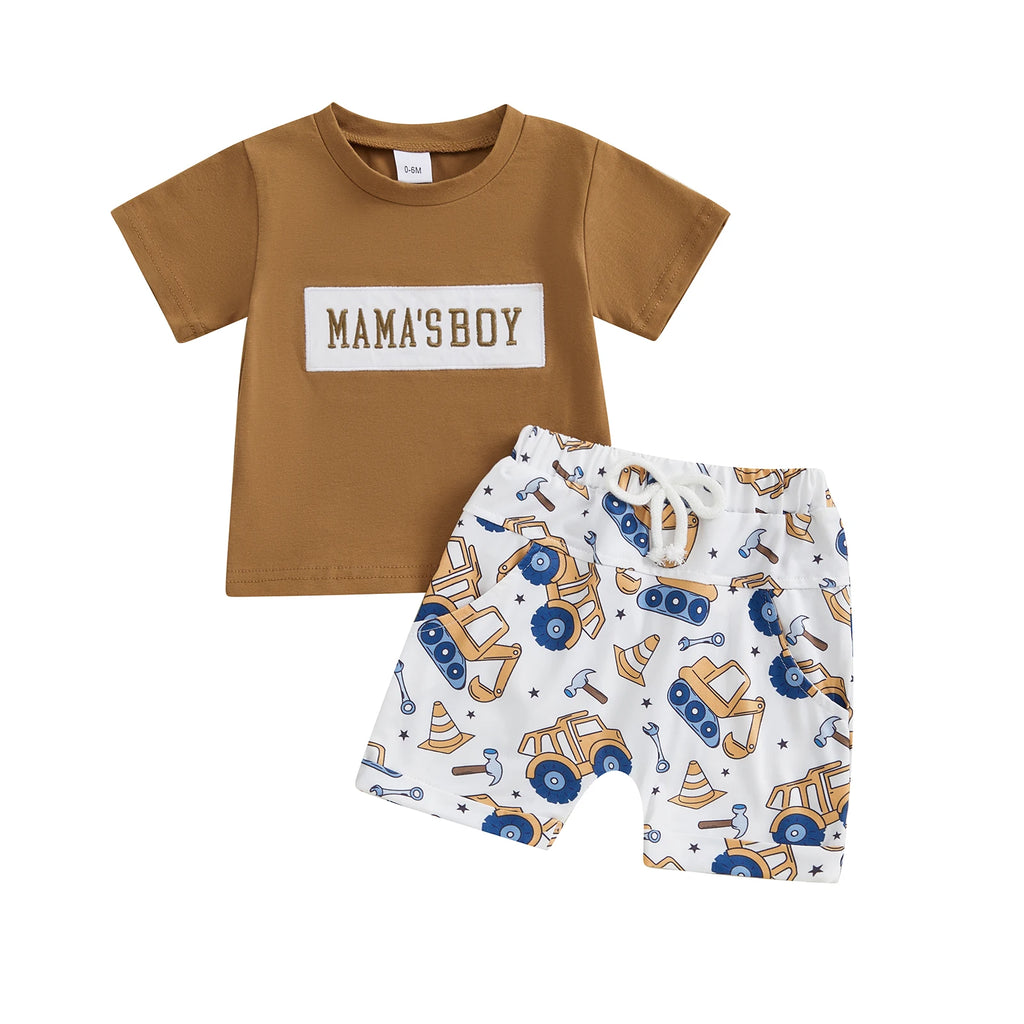 Adorable Baby Boys Summer Outfits with Fun Letter Print T-Shirt and Cute Digger Print Shorts Set for 2-Piece Stylish Ensemble