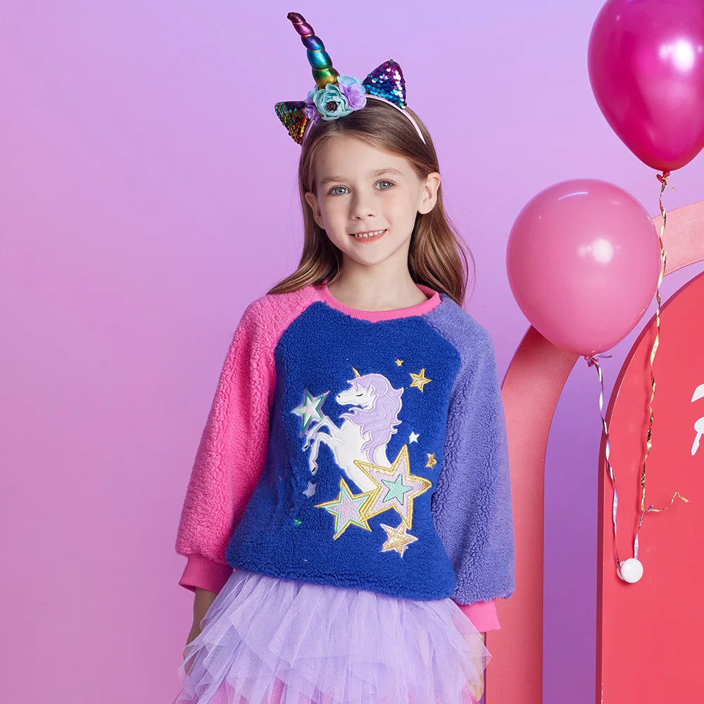 VIKITA Toddlers Licorne Star Appliqued Patchwork Sweatshirt Girls Fleece Autumn Winter Soft Sportwear Pullover Tops Costumes