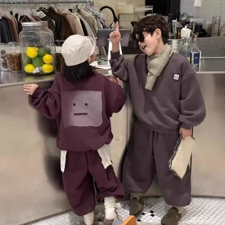 Fleece-Lined Sweatshirt Set 2025 New Children's Clothing Outdoor Clothes Boys Boys' Sets Korean Boy Outfit Top Bottom Kids Boy's