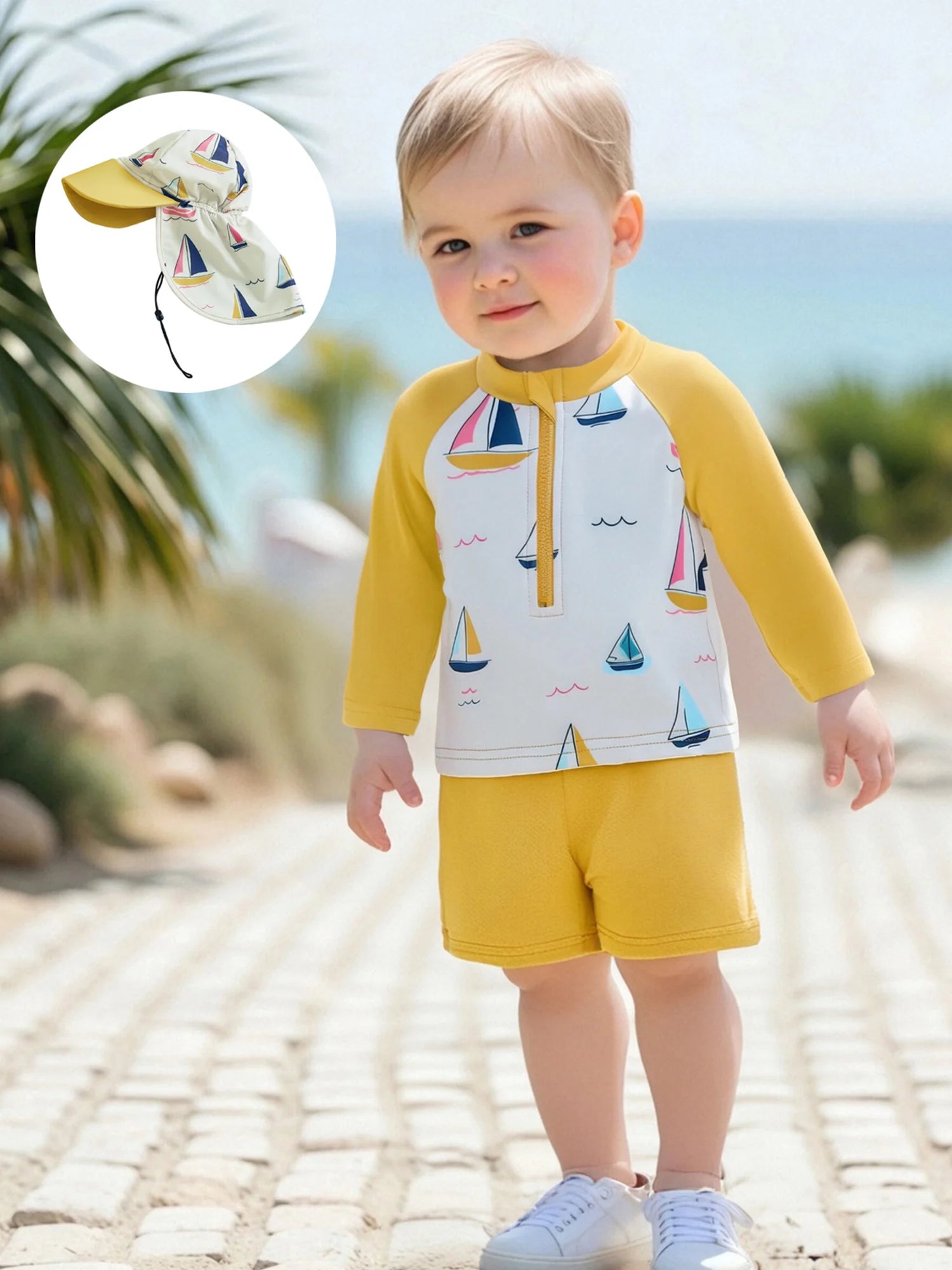 Boys Rash Guard Swimsuit Set with Shark Print Long Sleeve Zipper Tops Solid Shorts and Swim Hat 3 Pcs Outfits for Beach Fun