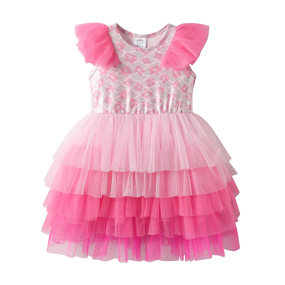 VIKITA Kids Pink Cute Princess Dress Kids Flare Sleeve Flower Print Summer Vestidos Kids Polyester Layered Cake Prom Gown Dress