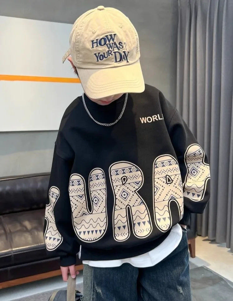 Boys' Medium-Large 2025 New Spring/Autumn Trendy No Hood Layering Top Sweatshirt