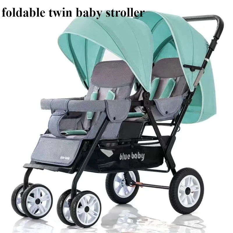 Large Double Stroller Sit Lying Foldable Portable Front & Rear Seat with Adjustable Backrest Canopy Double Brake Storage Basket