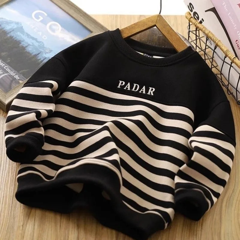 Boys' 2025 New Arrival No Hood Double Fleece-Lined Thickened Striped Crewneck Sweatshirt Autumn/Winter Trendy