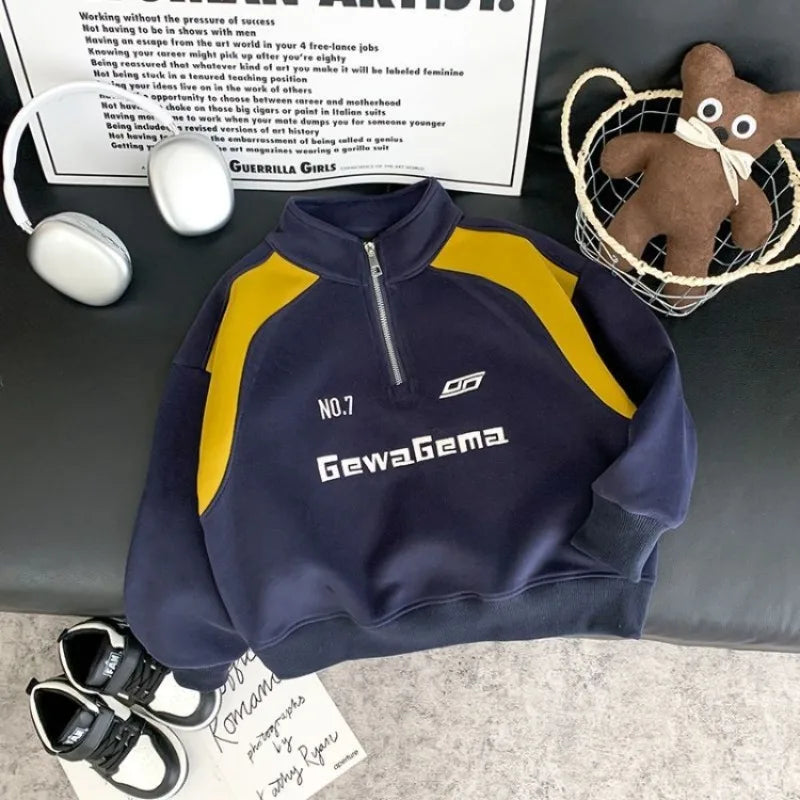 Boys' Mid-Large Size 2025 Autumn New Half-Zip Standing Collar Color-Blocked Loose Fit Stylish Sweatshirt