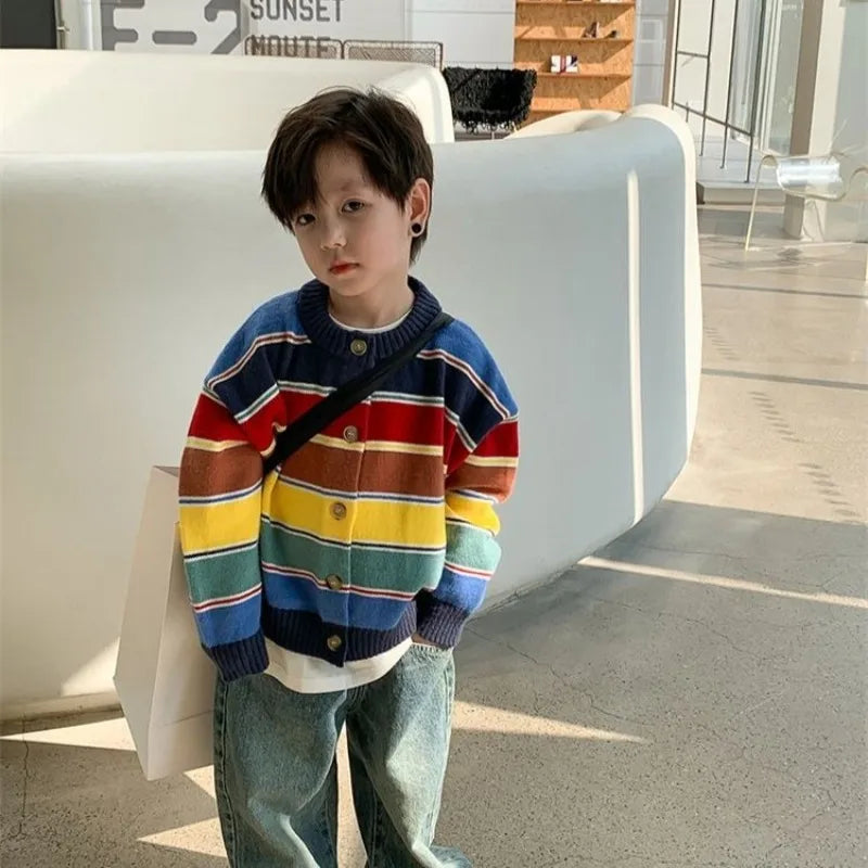Boys' Forest Style Cardigan Sweater 2025 Spring Autumn New Design, Colorful Stripes Knit Versatile Jacket for Kids Stylish