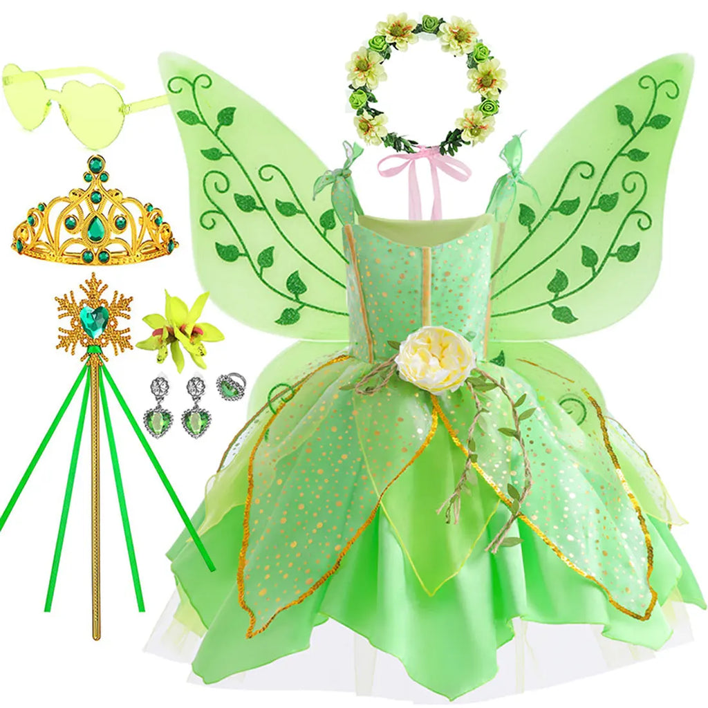 Disney Classic Elf Movie Tinker Bell Girls Play Fairy Dress Green Suspender Skirt With Wings and Flower Christmas Gift for Girls