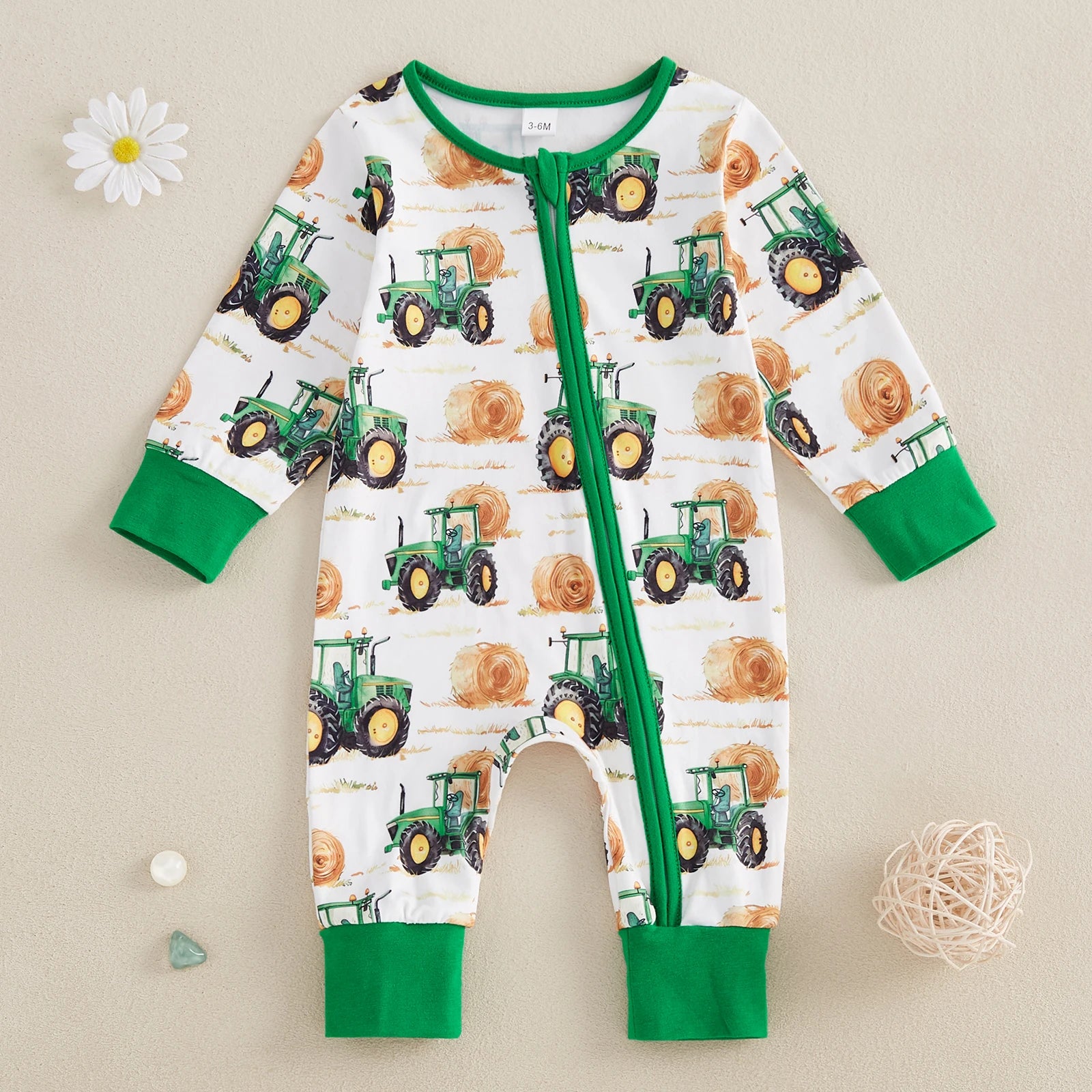 Toddler Unisex Autumn Coverall with Cute Farm Vehicle Pattern Easy Zip Closure and Cozy Crew Neck for All-Day Play