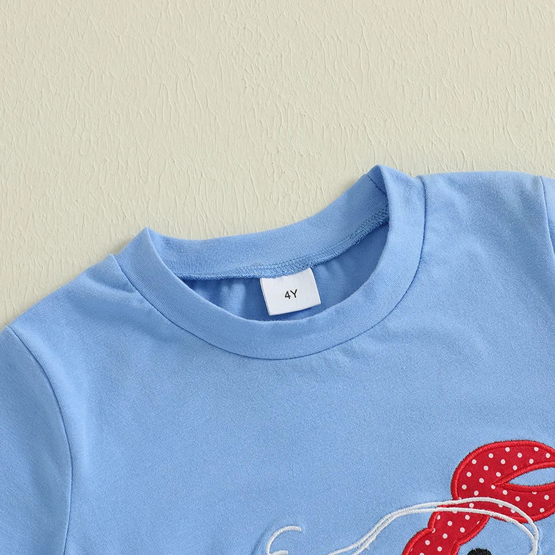 Children s Boys Summer Clothing Set with Cute Lobster Embroidered Short-Sleeve T-Shirt and Elastic Waist Shorts 2-Piece Outfit