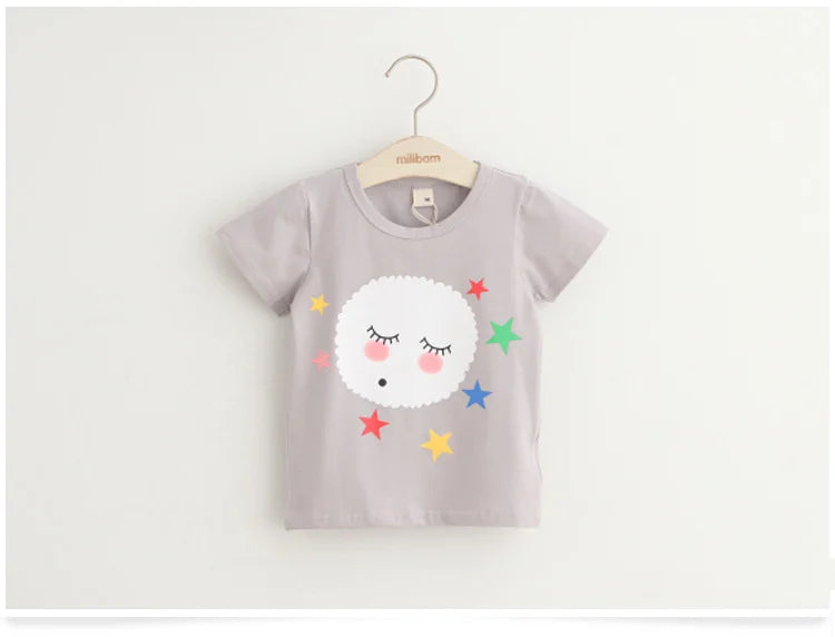 2025 Summer 2 3 4 6 8 10 Years Children Cotton Cartoon Star Bird Cat Rabbit Animal Print Short-Sleeve T-Shirt For Kids Baby Girl