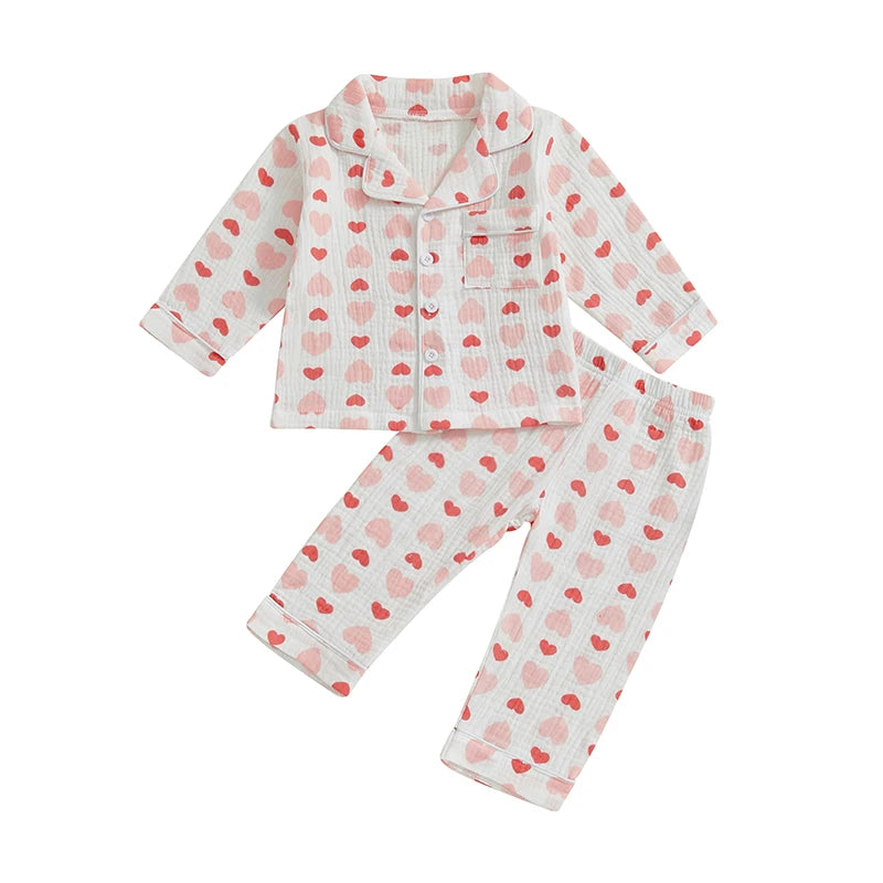 Girls Pajama Set Cute Heart Patterned Long Sleeve Top with Cozy Elastic Waist Pants for a Good Night s Sleep