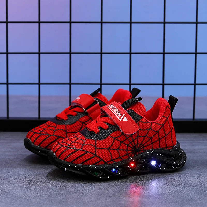 Disney LED Casual Sneakers Spider-Man Red Black For Spring Boys Mesh Outdoor Shoes Children Lighted Non-slip Shoes Size 21-30