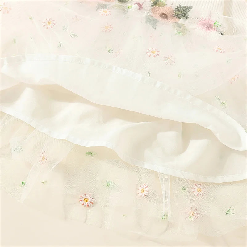 Spring And Autumn New Floral Chiffon Baby Girl Princess Dress, White Long Sleeved Children'S Clothing For Babies Aged 0-3 Years