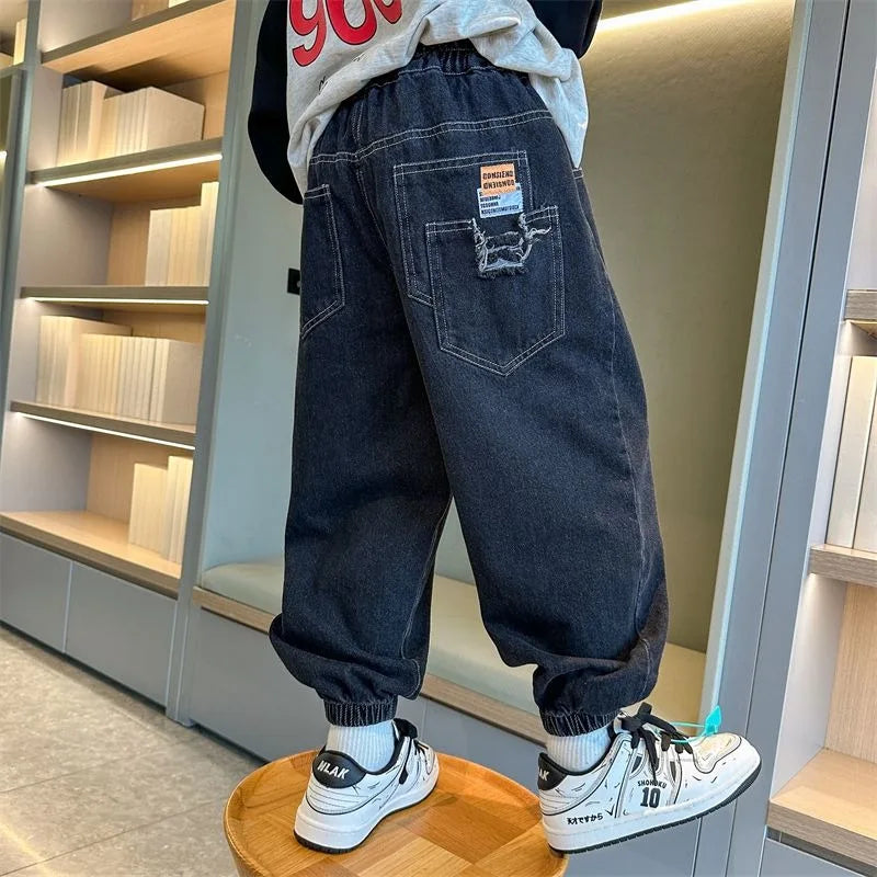 2025 New Boys' Denim Jeans Spring Autumn Kids Casual Sport Pants Long Korean Style Trendy Streetwear