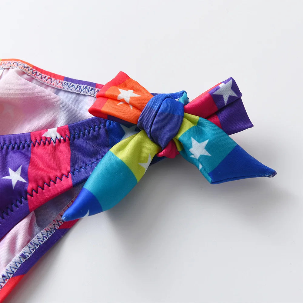 VIKITA Kids Swimwear Sets Girls Rainbow Colorful Striped Star Print Swimming Wear Beach Travel Fashion Cute Bikini 2 Pcs 4-10 Y