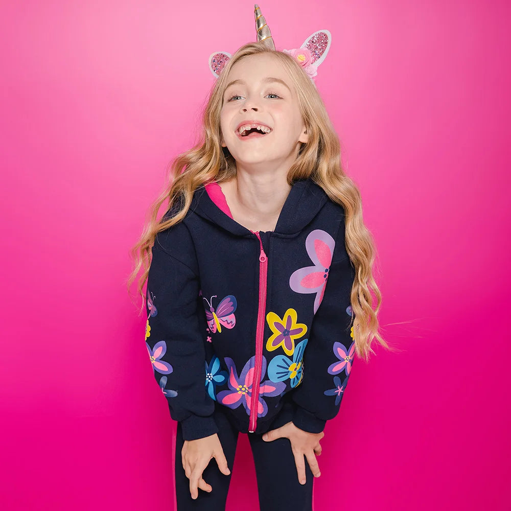 VIKITA Girls Autumn Winter Jacket Children Hooded Coats Girls Floral Print Zipper Outerwear Kids Cotton Casual Sports Jackets