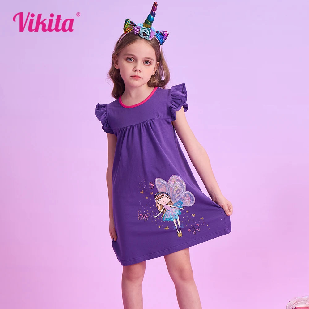 VIKITA Girls Summer Flare Sleeve Cotton Casual School Daily Frocks Purple Fairy Elf Butterfly Sequins Sparkling Straight Dress
